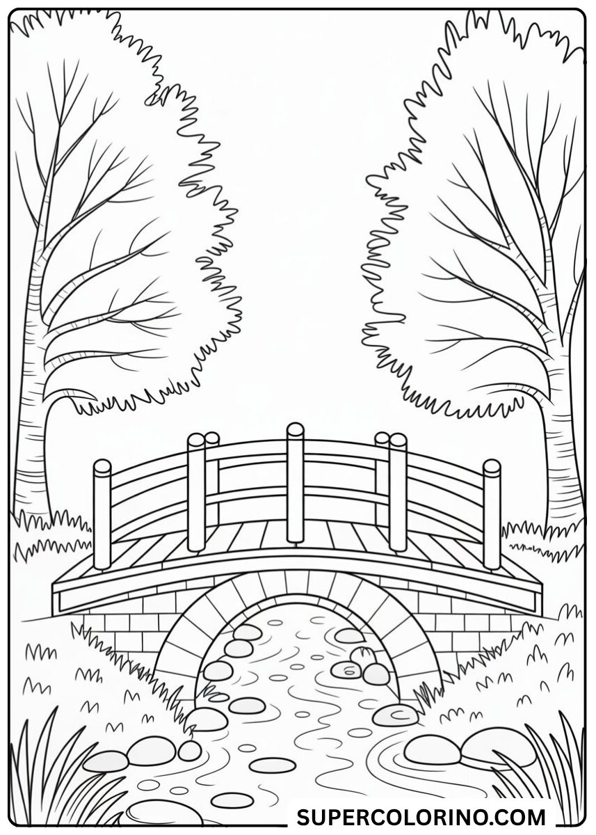 Male die kleine Brücke über dem Bach bunt aus