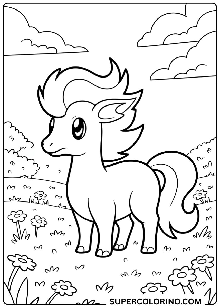 Colorie le poney dans le pré