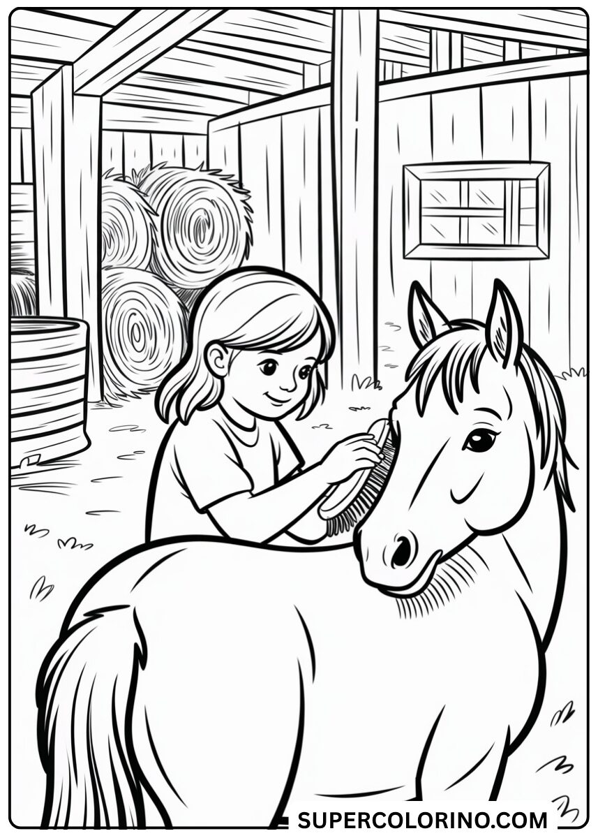Colorie la petite fille peignant le cheval