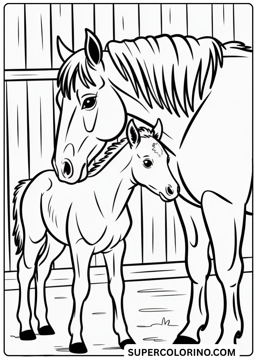 Colorie la mère cheval avec le poulain