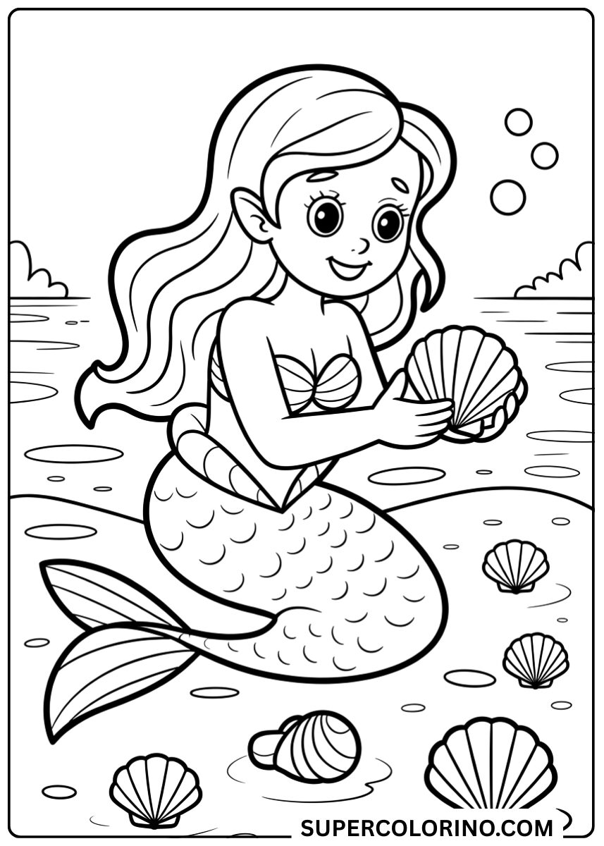 Kleur de kleine zeemeermin die schelpen verzamelt
