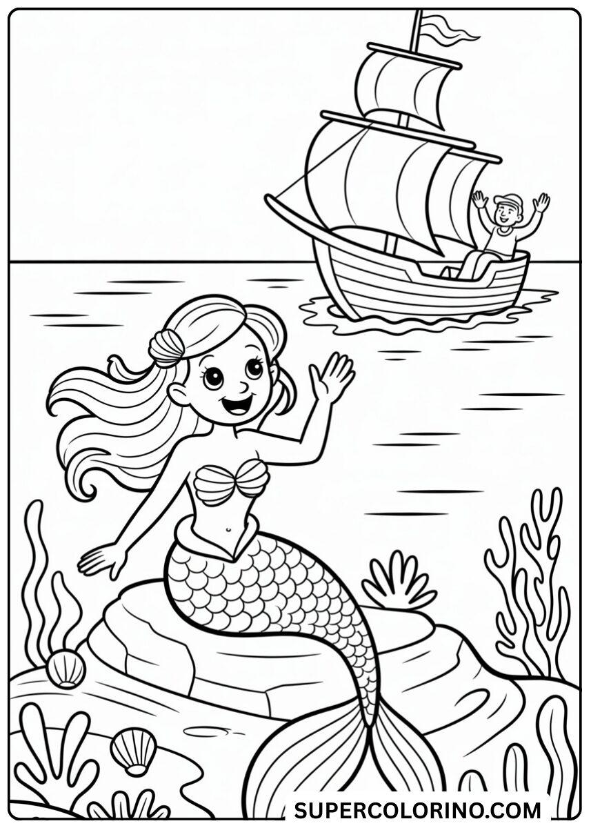 Kleur de kleine zeemeermin die naar het schip zwaait