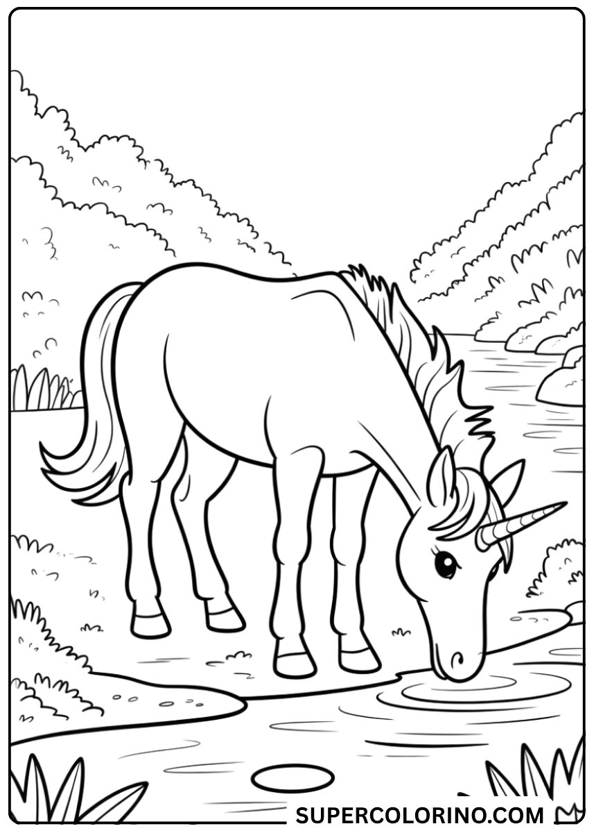 Colorie la licorne au ruisseau