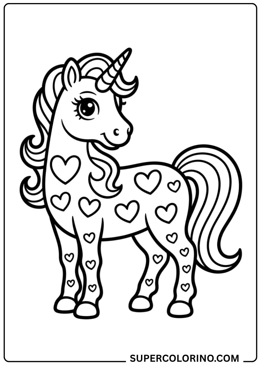 Colorie la licorne avec des coeurs