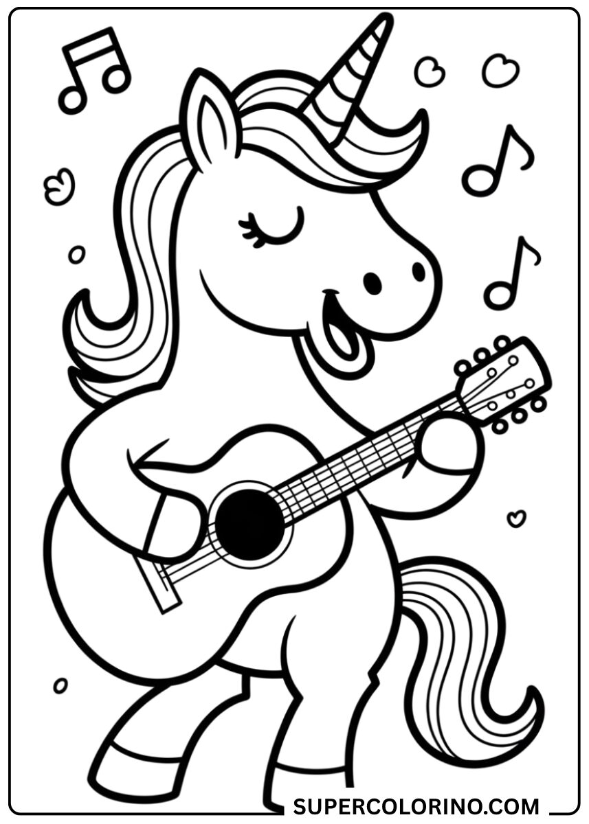 Colorie la licorne avec la guitare