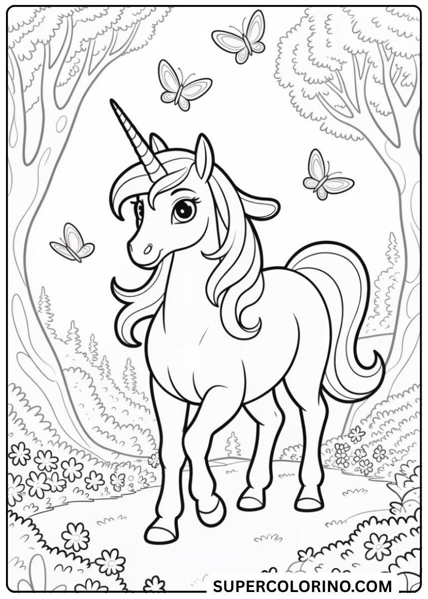 Colorie la licorne avec des papillons