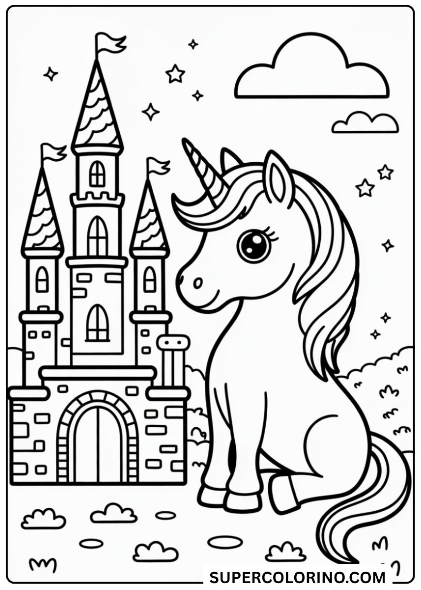 Colorie la licorne devant le château
