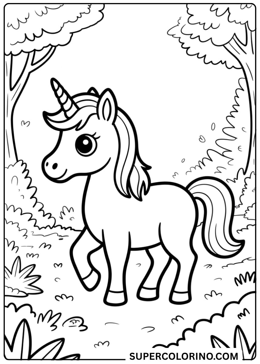 Colorie la licorne dans les bois