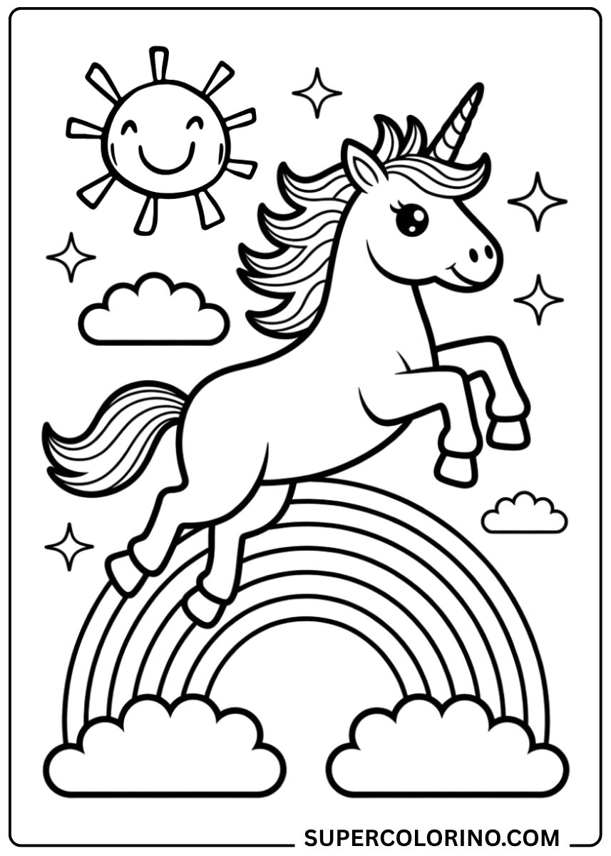 Colorie la licorne sur l'arc-en-ciel