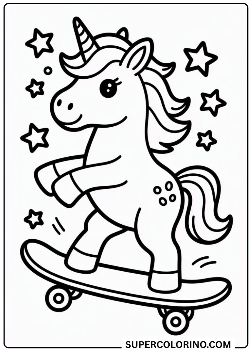 Colorie la licorne sur le skateboard