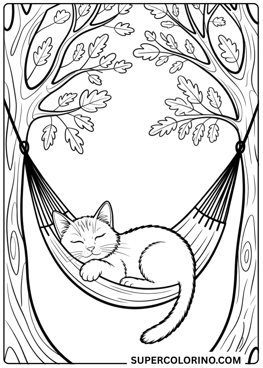 Colorie le chat qui dort dans le hamac