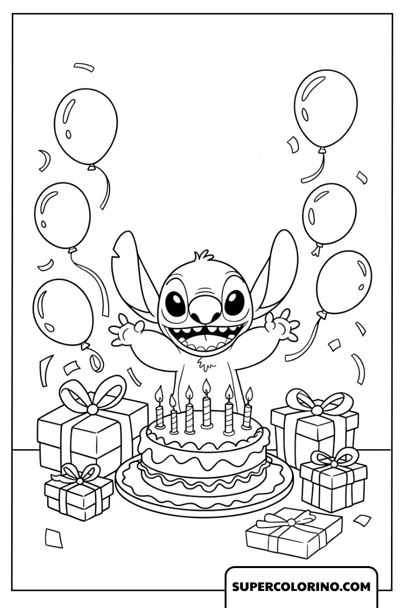 Coloring Stitch feiert seinen Geburtstag mit Kuchen und Geschenken