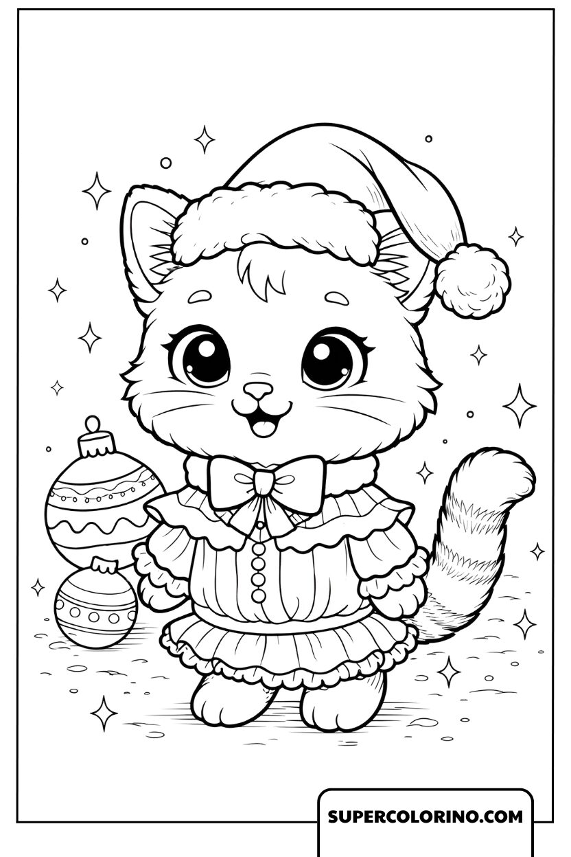 Coloriage chat de Noël avec chapeau de Père Noël