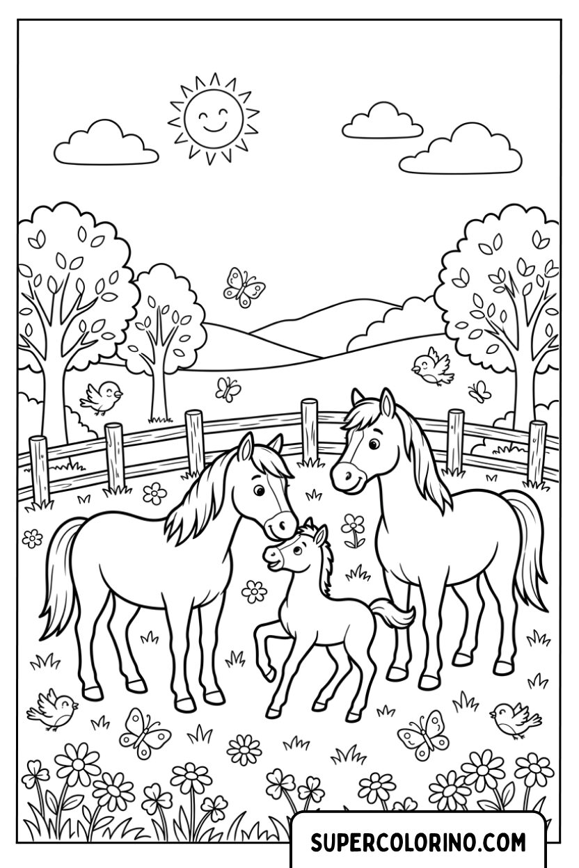 Colorier une tendre famille de chevaux dans le pâturage