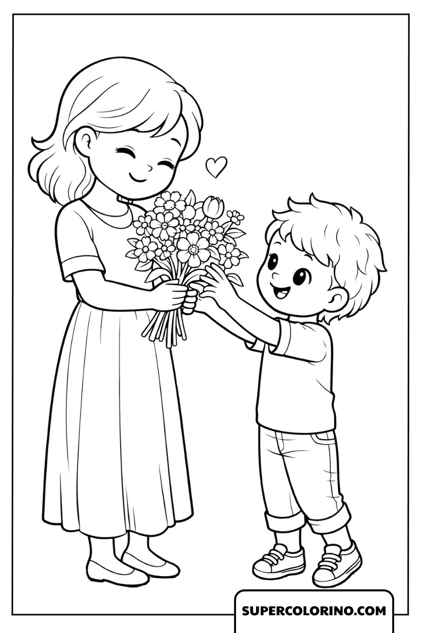 Colorare un dolce momento di bambino che regala fiori