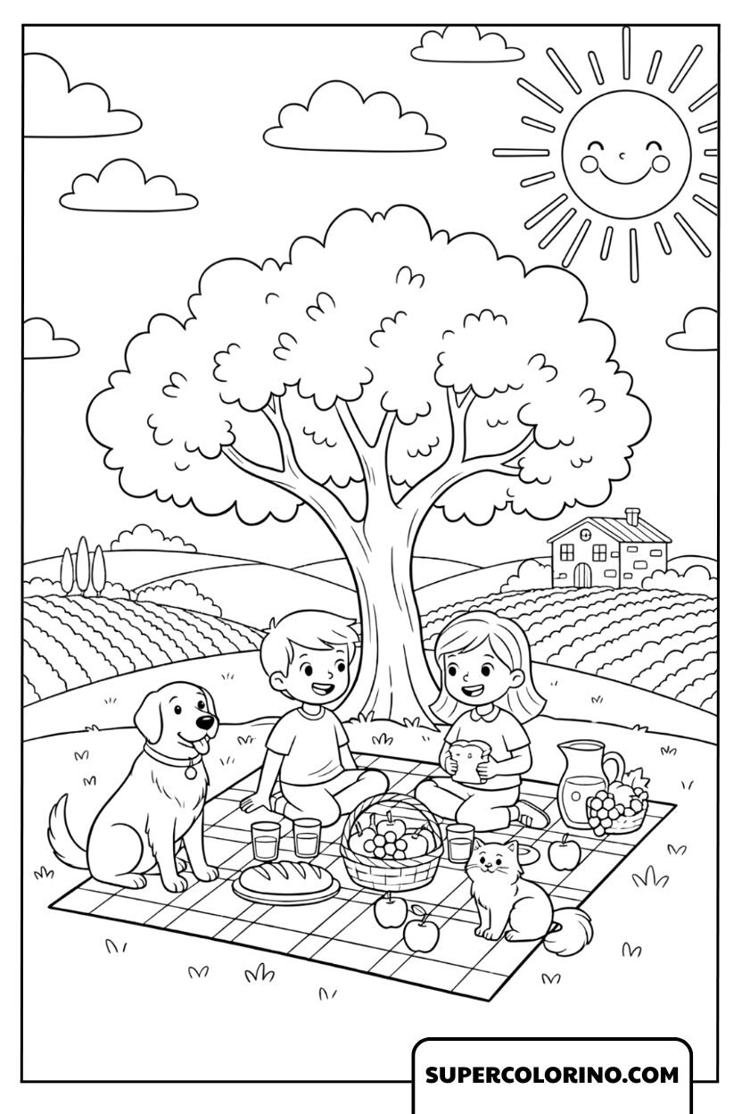 Malen Sie ein Familienpicknick im Sommer aus