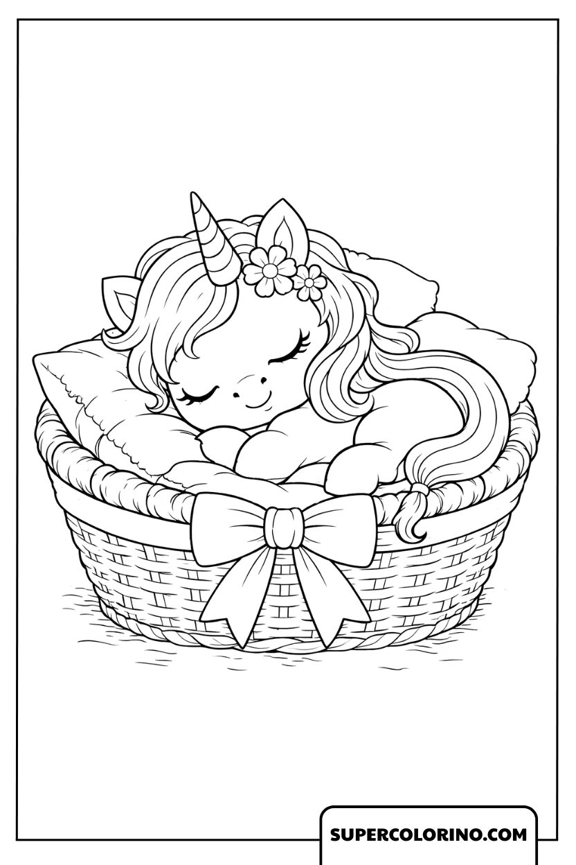 Colorie une licorne dormant dans un adorable panier