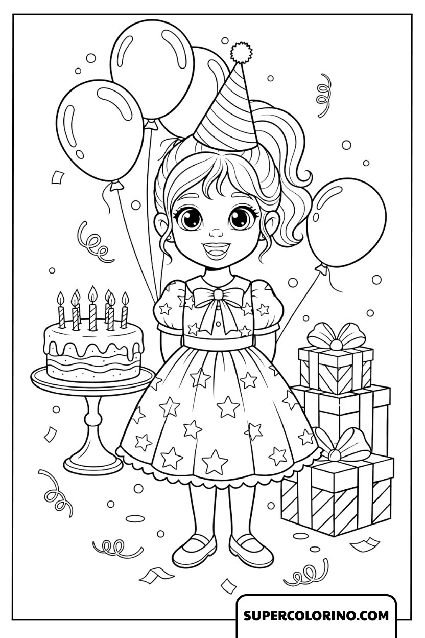 Malen Sie ein kleines Mädchen, das seinen Geburtstag mit Kuchen und Luftballons feiert