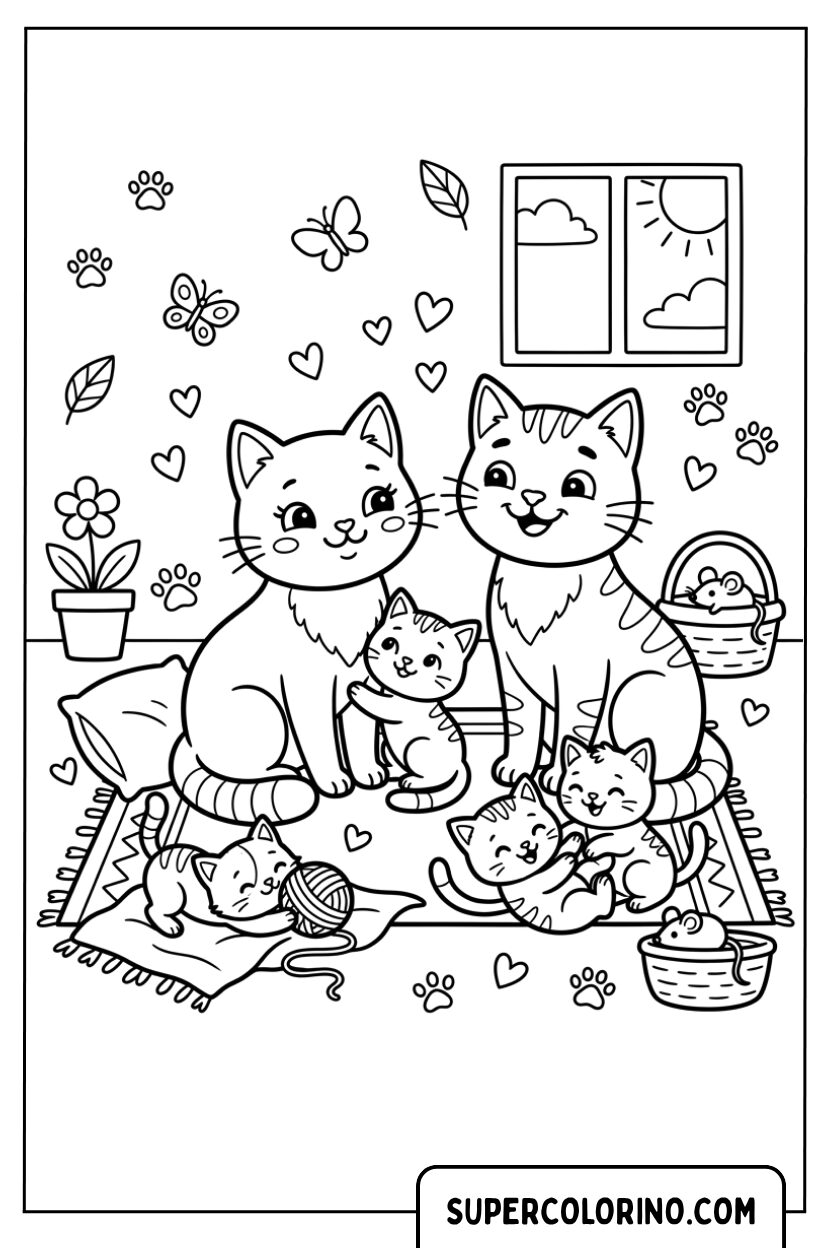 Colorare una felice famiglia di gatti in casa