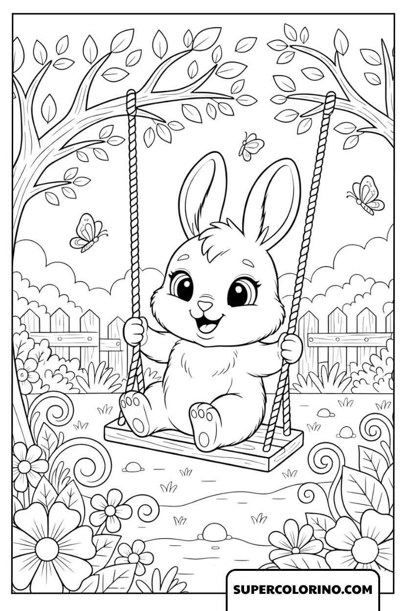 Coloriages de lapin sur la balançoire dans le jardin