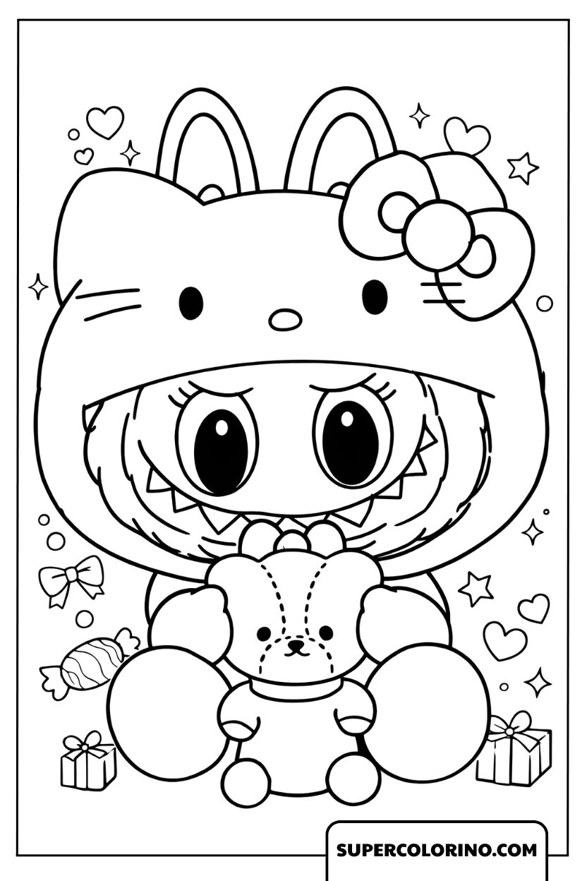 Niedliche Labubu-Zeichnungen mit Teddybär
