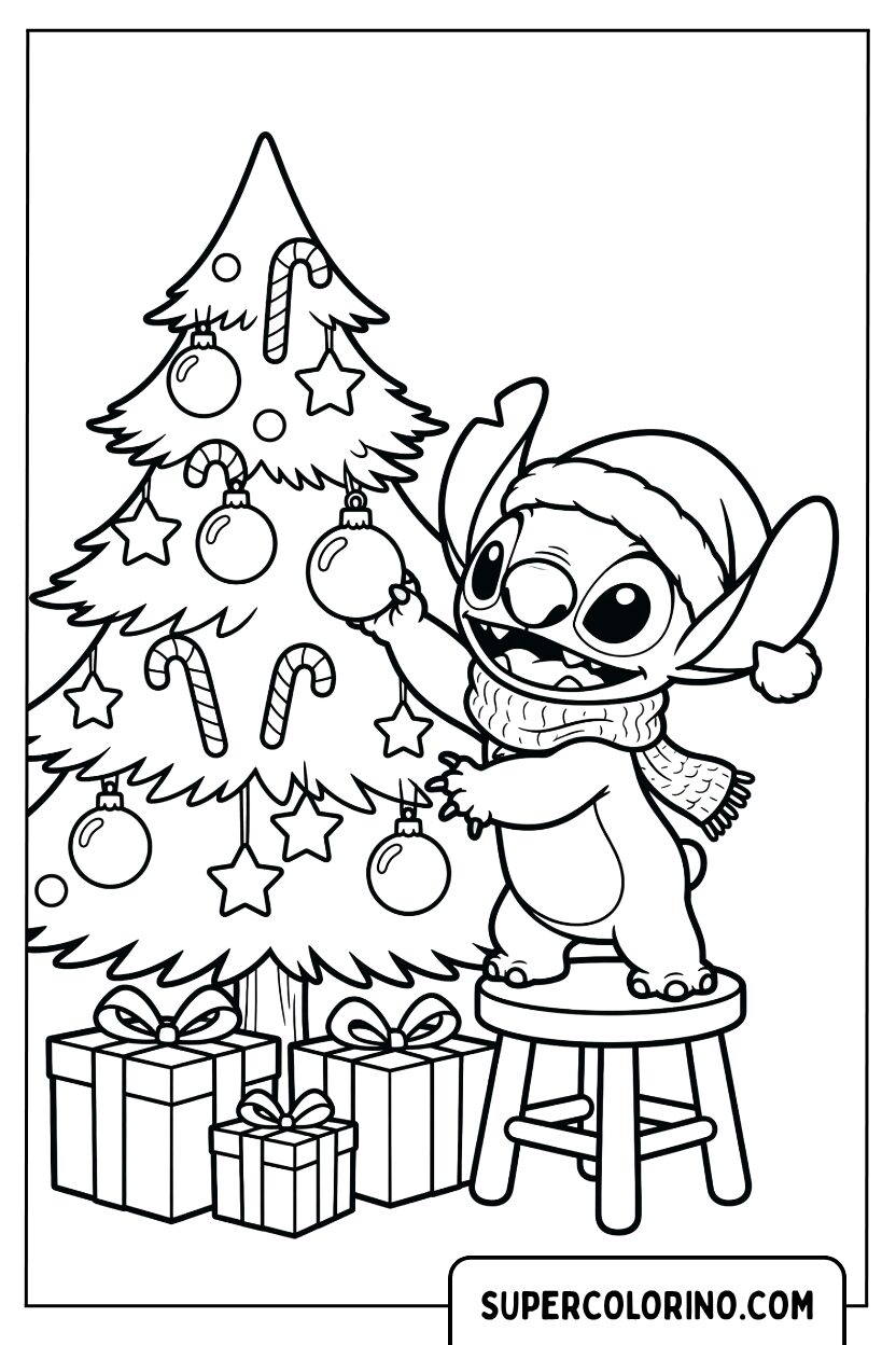 Disegni da colorare di Stitch che decora l'albero di Natale