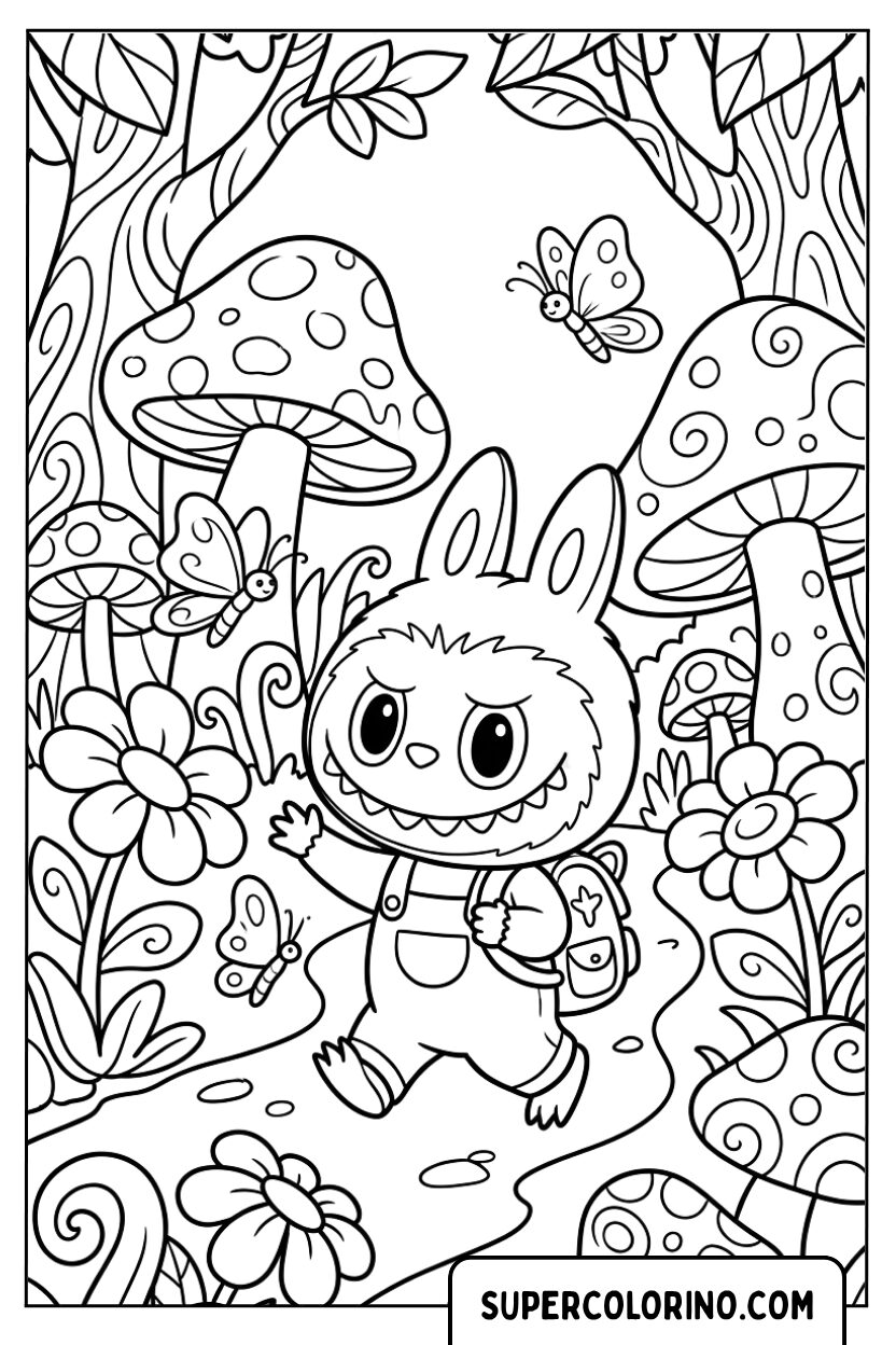 Disegni di Labubu che cammina in una foresta incantata