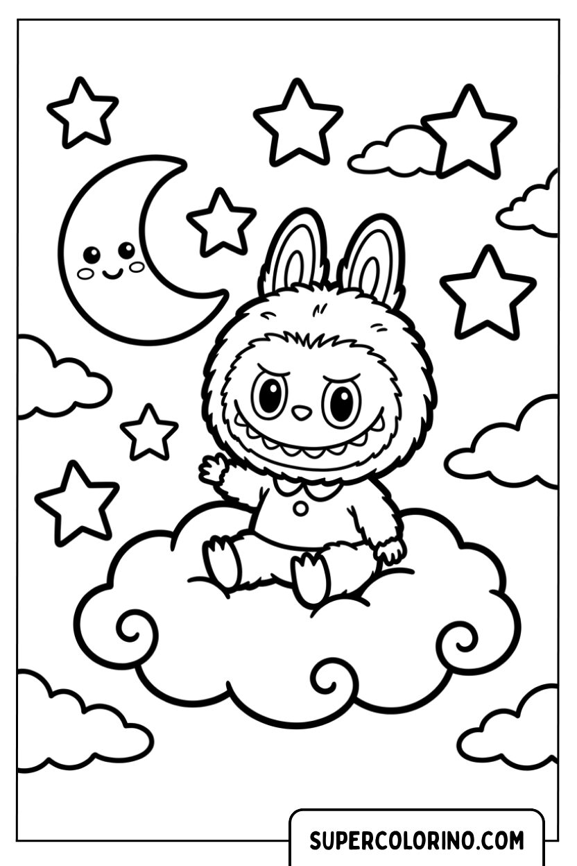 Disegni di Labubu seduto su una nuvola tra le stelle