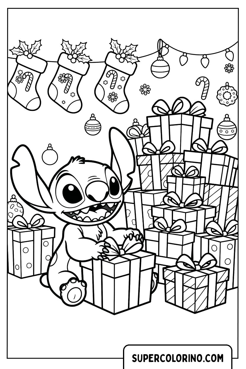 Disegni di Stitch e la montagna di regali di Natale
