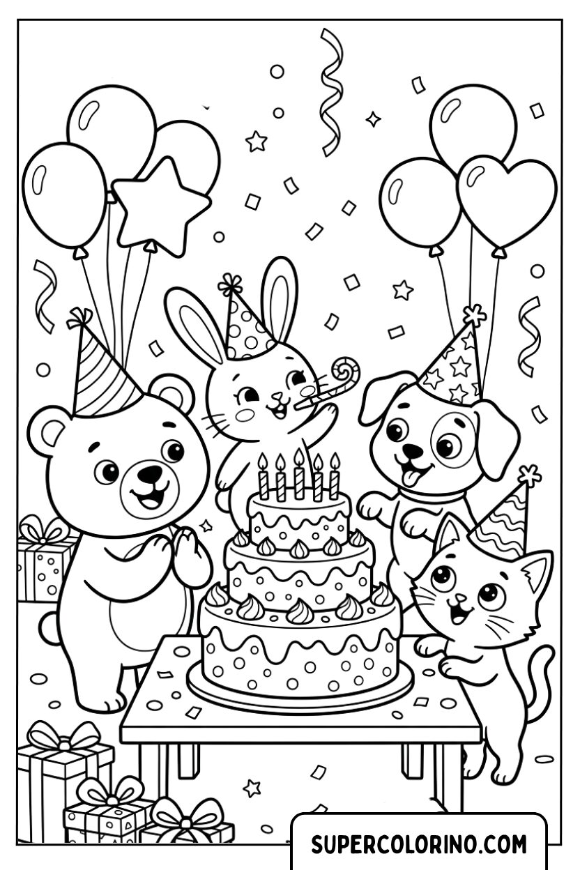 Ausmalbilder von Tieren, die Geburtstag feiern