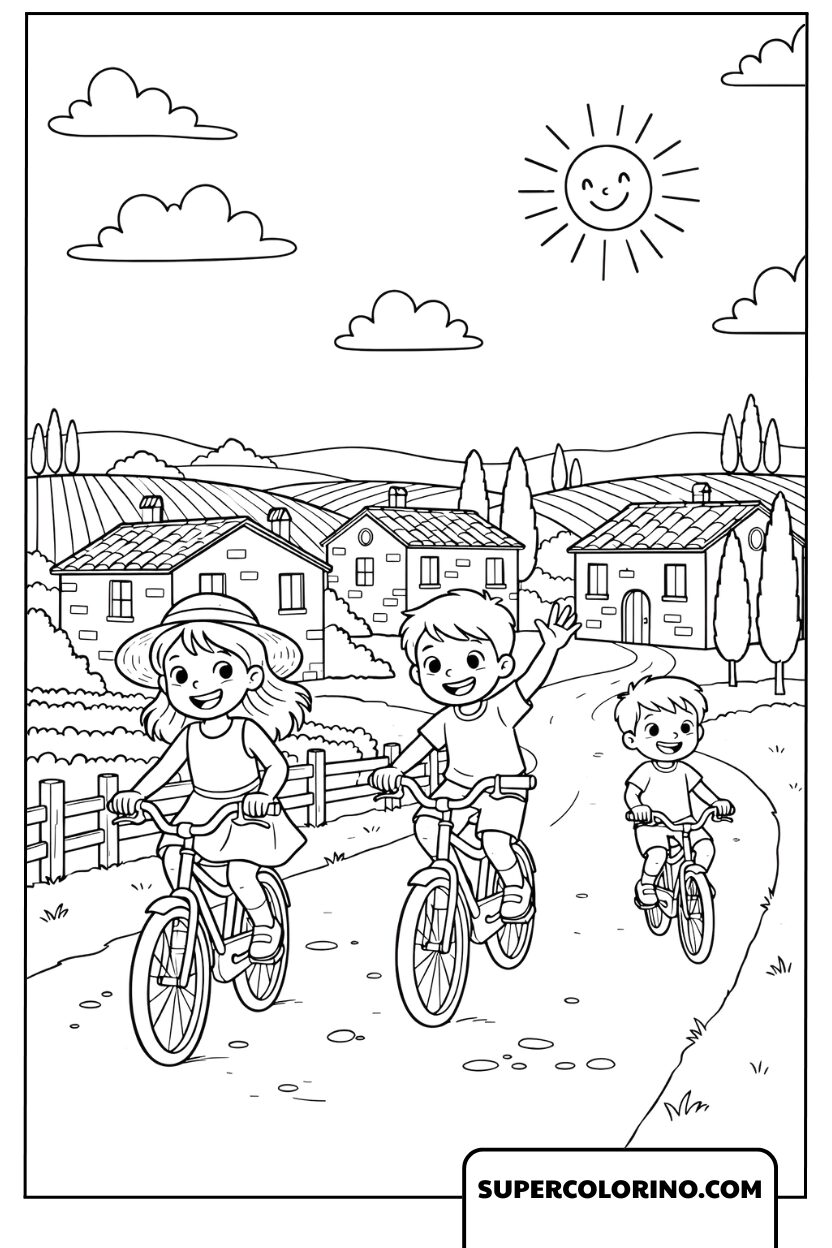 Zeichnungen von Kindern, die im Sommer Fahrrad fahren