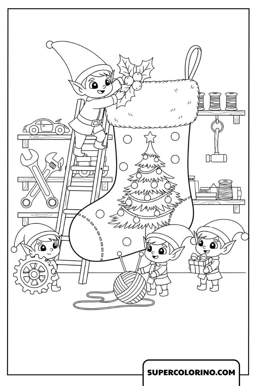 Zeichnungen von Elfen, die den Weihnachtsstrumpf schmücken