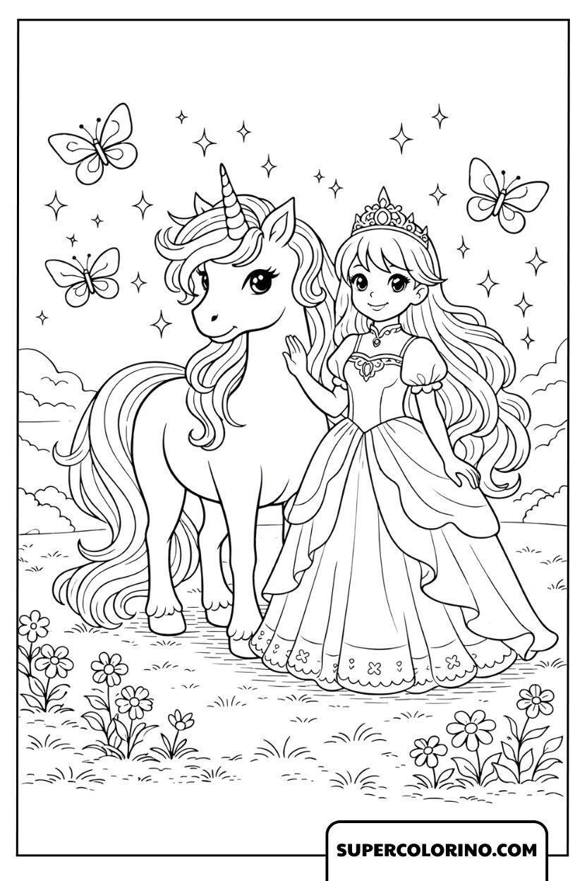 Dessins de princesse et licorne dans la forêt enchantée