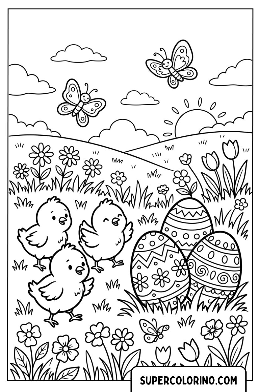 Disegni di tre pulcini e uova decorate sul prato fiorito