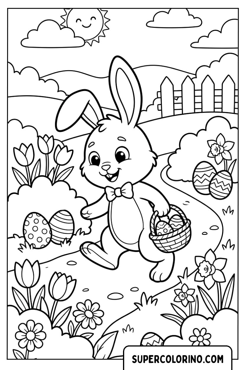 Disegni di un coniglietto pasquale che cerca le uova nel giardino