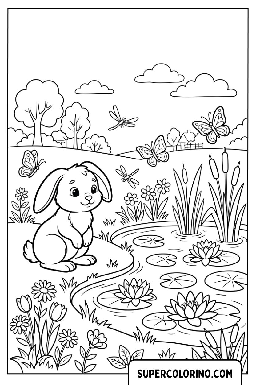 Disegni di un coniglietto vicino a uno stagno da colorare
