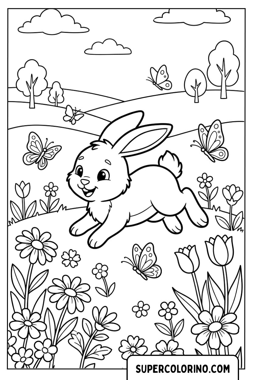 Disegni di un coniglio che salta nel prato da colorare