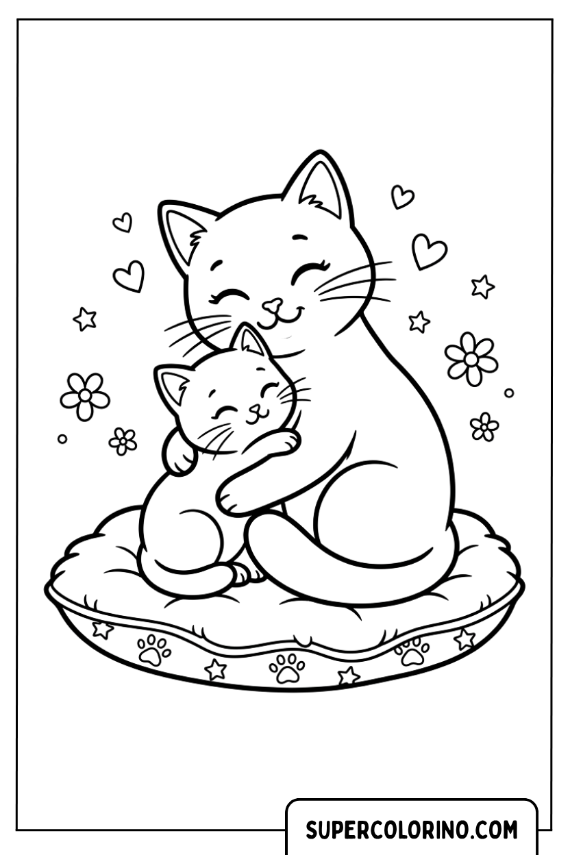Disegni di un gattino che abbraccia la mamma da colorare