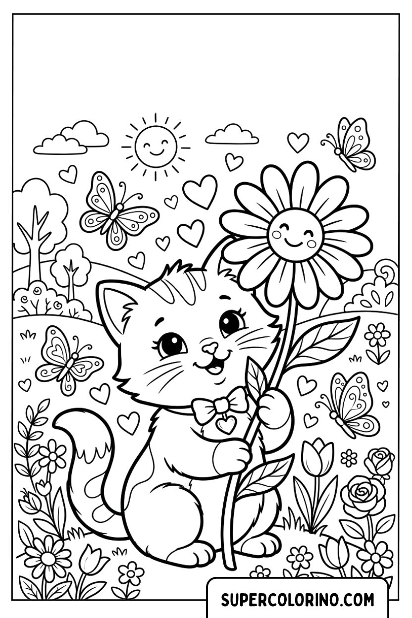 Disegni di un gattino felice con un fiore da colorare