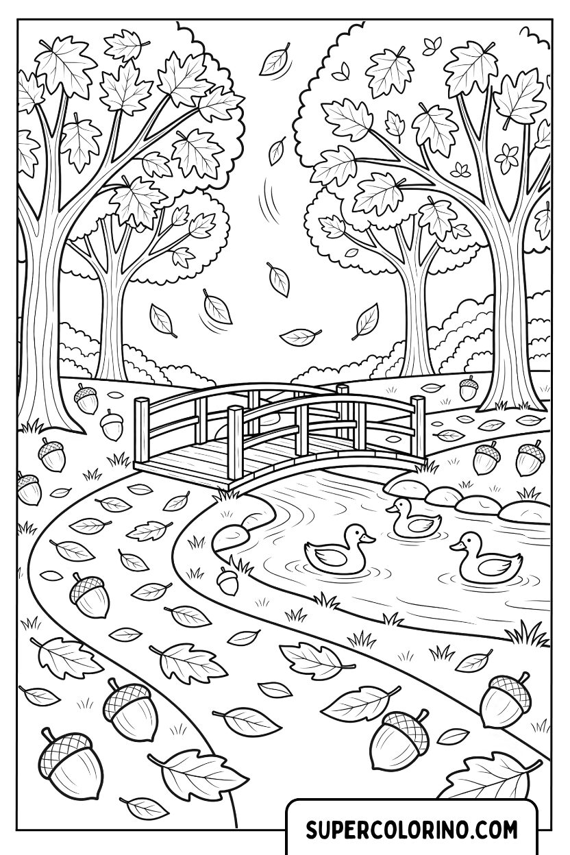 Disegni di un ponte sul fiume con anatre in autunno