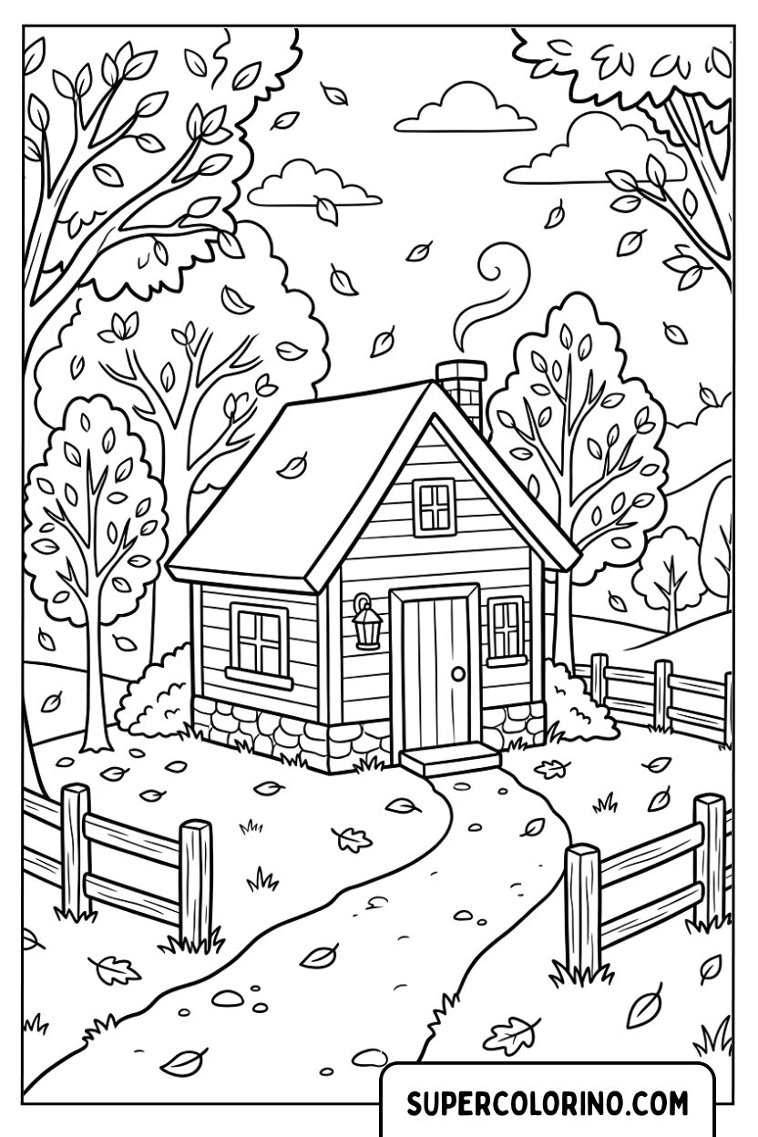 Disegni di una casetta di legno nel bosco in autunno