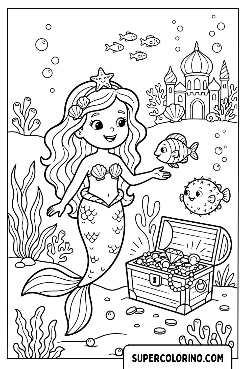 Disegni di una sirena carina accanto a un baule del tesoro