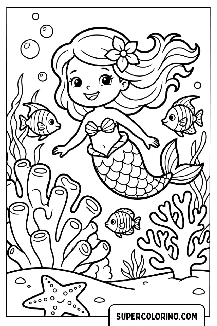 Disegni di una sirena che esplora la barriera corallina
