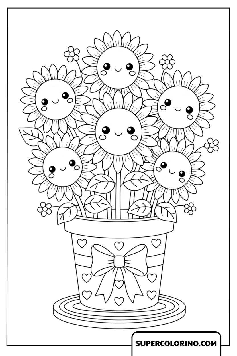 Disegni di vaso con girasoli sorridenti da colorare