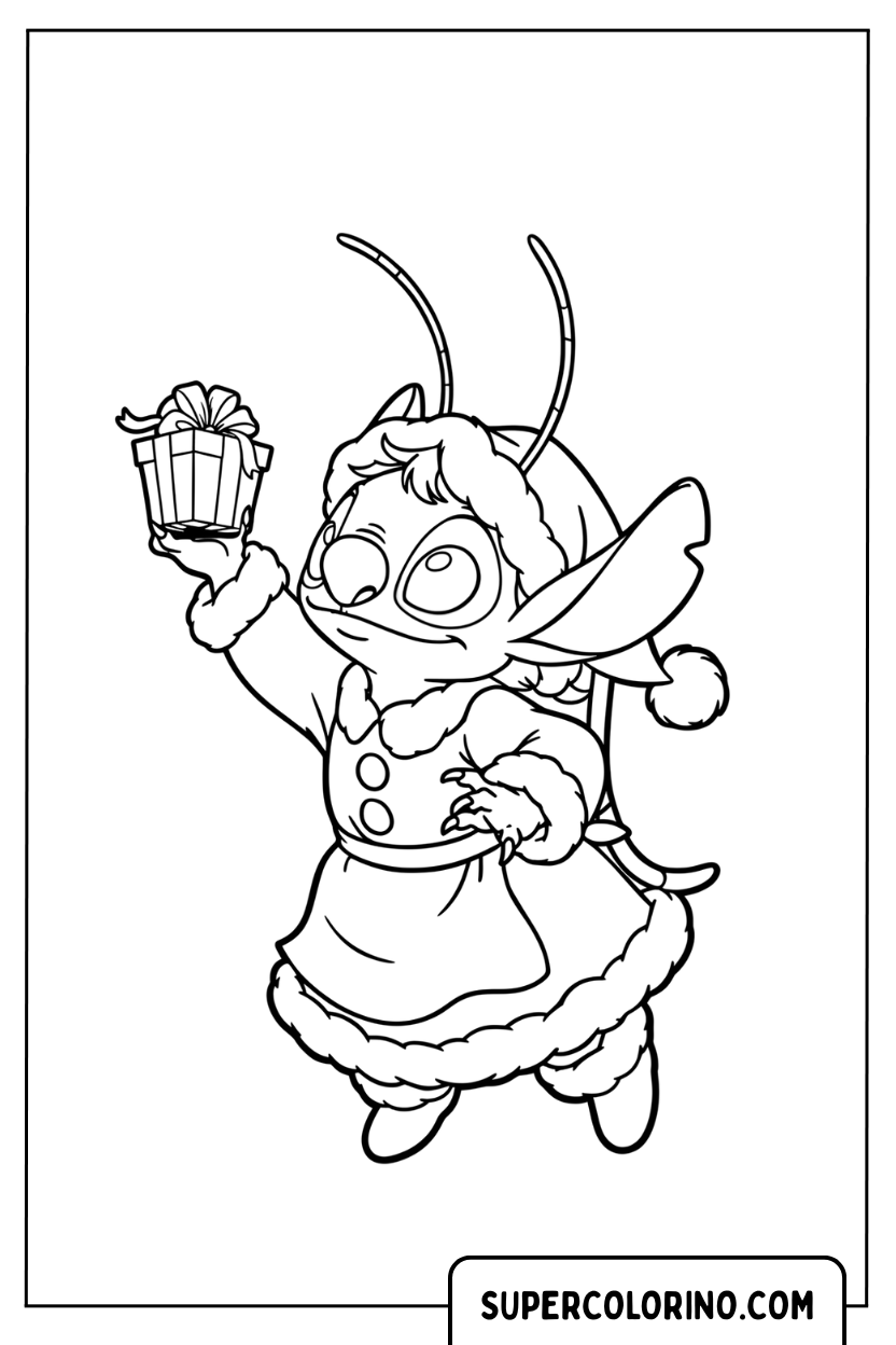 Coloriage Ange de Noël avec un cadeau