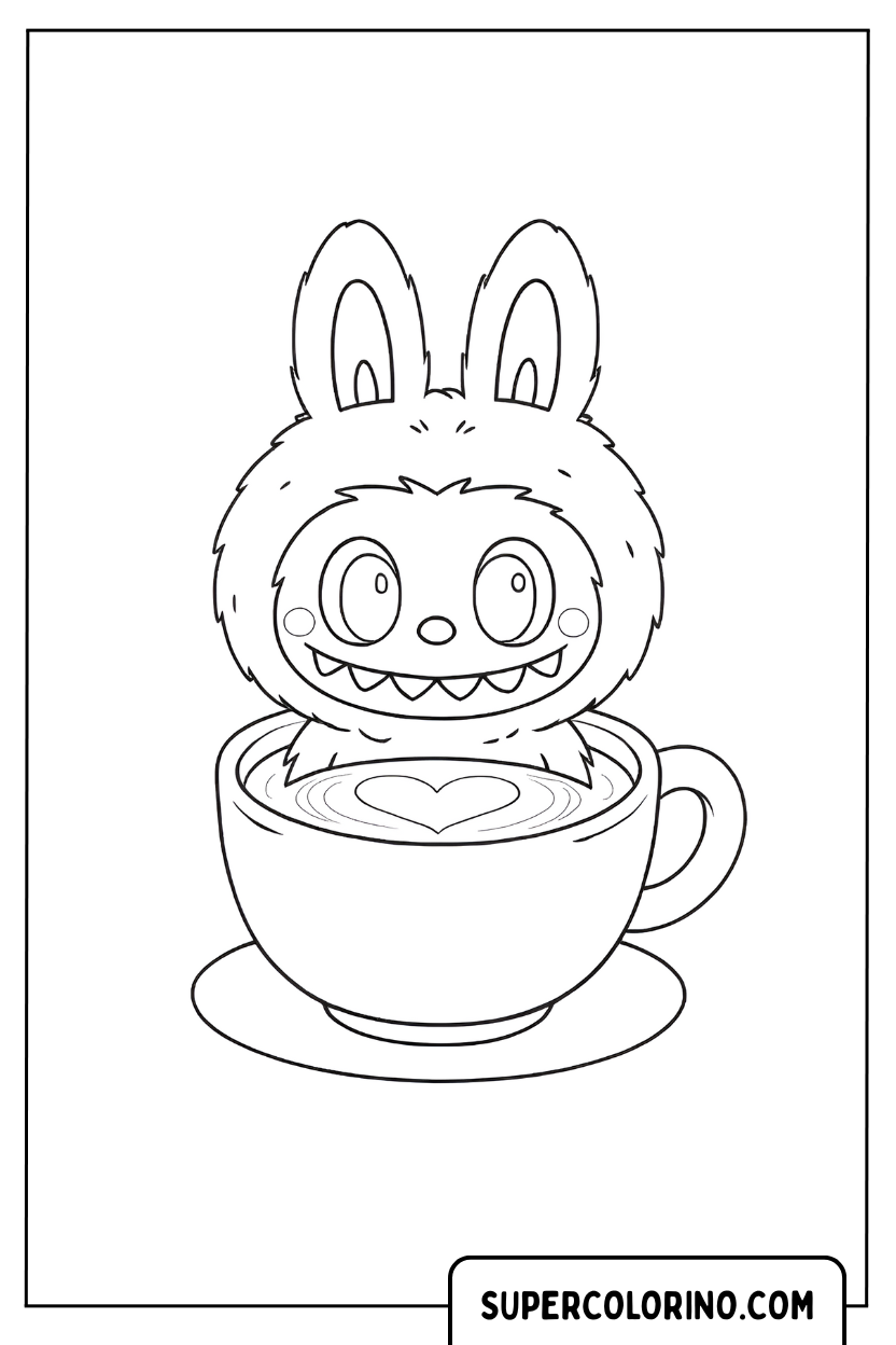 Malvorlage Labubu Niedliches Kaninchen sitzt in einer Tasse