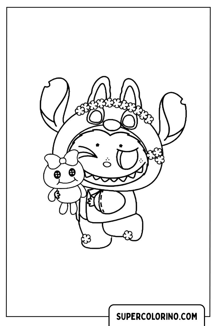 Malvorlage Labubu im Stitch-Cosplay mit einem Stofftier