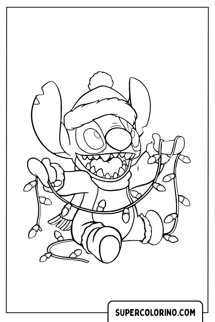 Coloriage Stitch avec des lumières de Noël