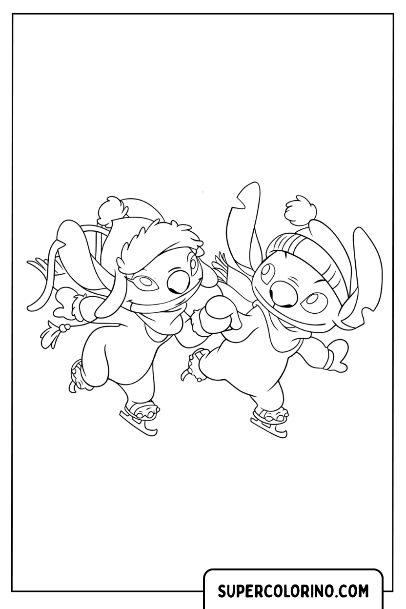 Coloriage Stitch et Angel skiant main dans la main