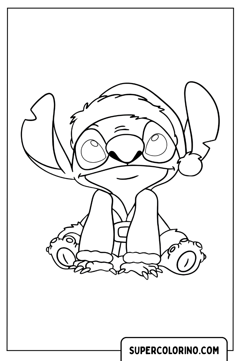Coloriage Stitch assis avec un chapeau de Noël
